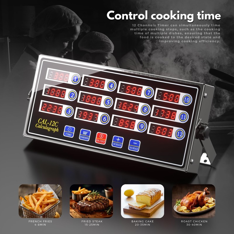Commercial Kitchen Timer with 12 Channels, Professional LED Digital Timer