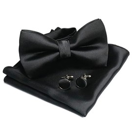REKOBON Juego de Pajaritas de Color Sólido para Fiesta de Hombres, Pajarita Preatada y Juego de Gemelos Cuadrados de Bolsillo, Pajarita de Esmoquin Formal de Satén Ajustable, Negro