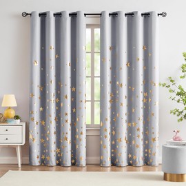 Grey Gold Star Blackout Curtains for Bedroom Thermal Insulated Metallic Star Printed 100% Full Blackout Curtain Panels for Kids Boys Girls Nursery Living Room Grommets Top 50x54 2 Panels