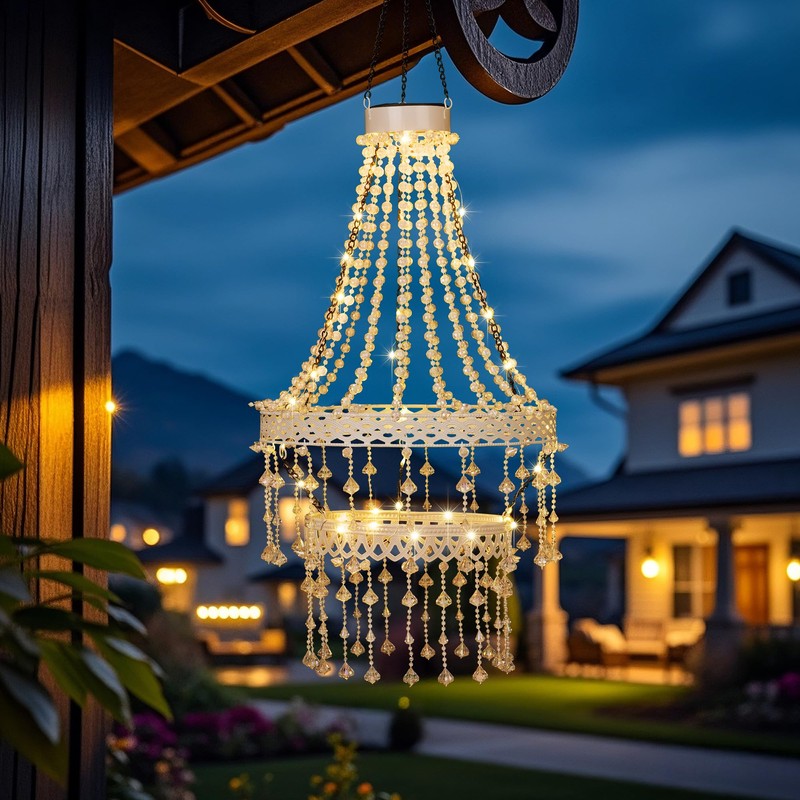 Hanging Solar Light Lantern Outdoor with Warm Crystal Chandelier Double