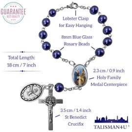 TALISMAN4U Saint Benedict One Decade Rosary for Car Rearview Mirror Holy Family Medal 8mm Glass Prayer Beads Catholic Evil Protection Auto Rosary Bracelet for Women Men (Blue Rosary Beads)
