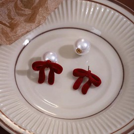 Dainty Red Bow Pearl Front Back Stud Earrings for Women Sterling Silver Post Delicate Elegant Vintage Velvet Ribbon Sweet Bowknot Ear Jacket Earring Wedding Bridal Jewelry Birthday Christmas Gifts for Her