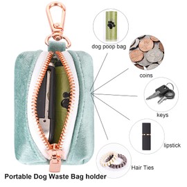 ARING PET Dog Waste Bag Dispenser, Velvet Green Doggy Poop Bags Holders Attach to Any Leashes, Portable Washable Pet Waste Pouch Dispenser with Metal Zipper