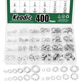 Keadic 400Pcs Split Lock Washer & External & Internal Star Washers and Flat Washer Assortment Kit, 304 Stainless Steel Spring Lock Washers Set- #6,#8,#10,1/4" 5/16" 3/8"(Imperial)