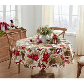 Newbridge Ivory Sleigh Bells Ring Country Rustic Vinyl Flannel Back Vinyl Christmas Tablecloth Moose Antlers, Sleighs and Festive Xmas Wipe Clean Tablecloth, 70 Inch Round