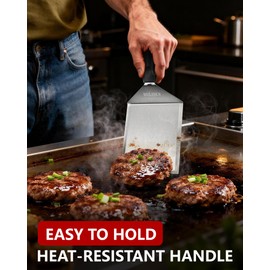 HULISEN Stainless Steel Large Grill Spatula - 6 x 5 Inch Heavy-Duty Metal Spatula with Cutting Edges, Kitchen Griddle Accessories, Smashed Burger Turner Scraper for BBQ Grill and Flat Top Griddle