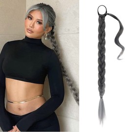 BARSDAR 30 Inch Long Braided Ponytail Extension with Hair Tie Straight Wrap Around Hair Extensions Pony Tail DIY Natural Soft Synthetic Hair Piece for Women Girls-Black Mixed Silver Grey -gradient