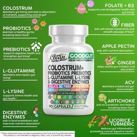 Colostrum Supplement Capsules with Probiotics, Prebiotics, L-Glutamine, Digestive Enzymes, Folate, Fiber, ACV, Turmeric & Apple Pectin for Digestive Health
