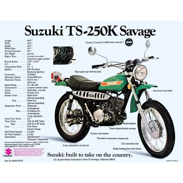 Unbranded 1973 SUZUKI TS-250K SAVAGE SALES SPECS AD