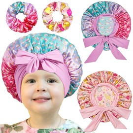 2 PCS Kids Satin Bonnets for Girls with Scrunchies,Hair Bonnet for Sleeping,Toddler Tie Silk Bonnets Curly Sleep Cap