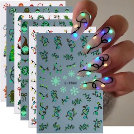Christmas Nail Art Stickers Decals Luminous String Light Snowflake Nail Stickers 6PCS Glow in Dark Lanterns Santa Claus Xmas Tree Leaf Xmas Nail Decals Nail Art Supplies for Women Nail Decorations