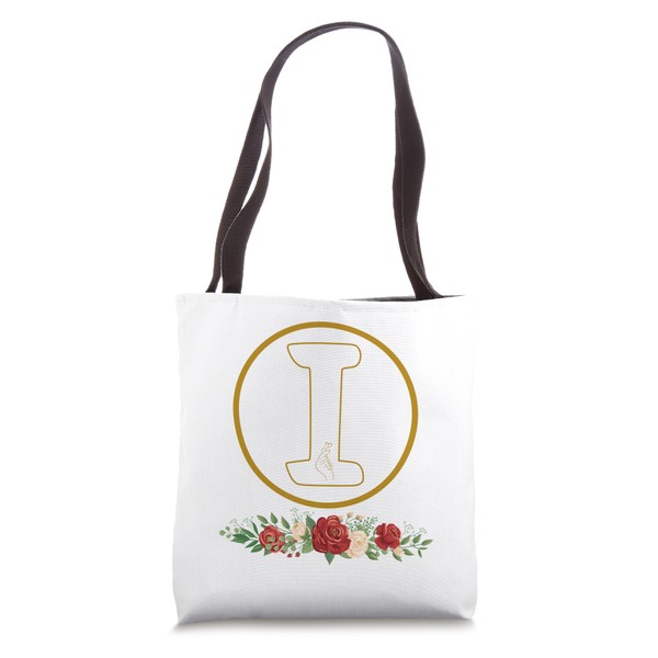 Letter I Initial Floral Monogram with Hand Heart Gesture Tote