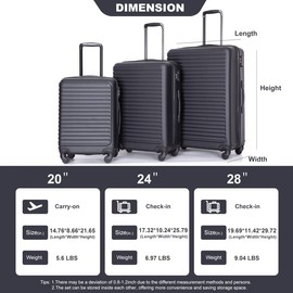 JIJIWANG Lightweight Suitcase Large with Two Hooks and Spinner Wheels, Portable Suitcase for Travel 3Pcs,Expandable Portable Carry on Luggage for Travel,Airplane 20"/24"/28"(Black)