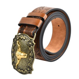 Wisebom Western Cowboy Cowgirl Leather Belt, Mens Cowboy Belt Western Belts for Men Women with Engraved Floral Bull Head Buckle Western Leather Buckle Belt for Jeans (120 cm: Fit Waist 39-42’’)