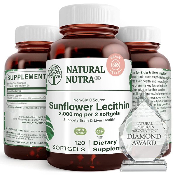 Natural Nutra Sunflower Lecithin Supplement 2000 mg, Improve Liver Function, Memory Booster, Non-GMO, Gluten Free, 120 Softgels