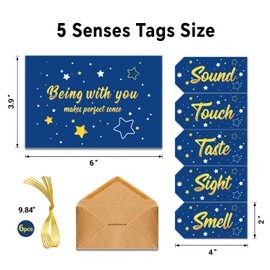 TQQBUU Gold Foil 5 Senses Gift Tags with String and Greeting Cards - 5 Sense Tags for Him or Her, Perfect for Anniversary, Valentine's Day, Birthday(8"*6") - Golden Blue