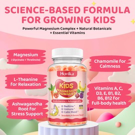 Kids Magnesium Gummies - Magnesium Glycinate Supplement Gummies with L-Theanine, Chamomile & Multivitamins for Sleep, Calm & Focus - Strawberry Banana Center-Filled Gummies 60 ct