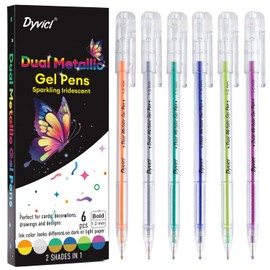 Dyvicl Dual Metallic Gel Pen, 2nd Generation, Liquid Glitter Iridescent Gel Pen for Adult Coloring, Doodling, Drawing, Scrapbooking, Card Making, Illustrations, Designs, Journaling, Set of 6