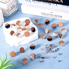 Pandahall 30Pcs Resin Walnut Wood Studs 15mm Flat Round Earring Posts Two Tone Wooden Blanks With Metal Ear Nuts for DIY Women Jewelry Making (5 Colors)