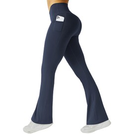 FireSwan Women's Flare Yoga Pants with Pockets High Waist Flared Leggings Bootcut Gym Workout Pants Tummy Control Navy