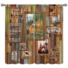 Rustic Cabin Curtain,Brown Bear Deer Forest Animals Hunting Wildlife Retro Wooden Plank Background Blackout Rod Pocket Window Drapes for Living Room Bedroom Kitchen W42xL54in