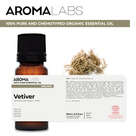 BIO - VETIVER Essential Oil - 10mL - 100% Pure, Natural, Chemotyped and AB/Cosmos Certified - AROMA LABS (French Brand)