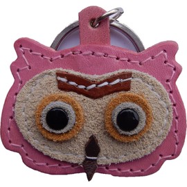 Real Leather Keychain Featuring Owl Pendant, approx. 5 x 5 cm, medium, pink