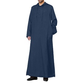 YAOHUOLE Mens Casual Muslim Thobe Ethnic Kaftan Robes Ayaba Drawstring Hood with Pocket Navy M