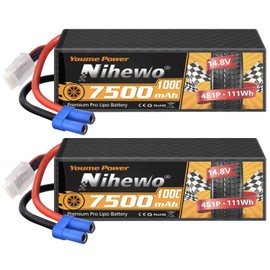 Nihewo 2Packs 4S Lipo Battery, 14.8V 7500mAh Lipo Batteries Hardcase 100C EC5 Plug Compatible with Arrma E-flite 1/5 1/6 1/7 1/8 Scale RC Car Truck Truggy Vehicles Tank Boat Airplane Models