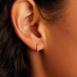 EPIRORA Sterling Silver Earrings for Women, 3 Pairs 14K White Gold Plated Cubic Zirconia Huggie Hoops Pearl Hoops Set, 8mm Small Cartilage Earrings, Silver