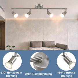 Glitzerlife LED Deckenstrahler 4 Flammig Wohnzimmer - Deckenleuchte Modern Deckenlampe GU10 Deckenspot Schwenkbar 330°Drehbar Spot Strahler Lampe Edelstahl Decke Schlafzimmer innen Ohne Leuchtmittel