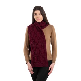 SAOL Aran Fisherman Leaf Scarf for Women, Irish Traditional Merino Wool Muffler Ladies Made in Ireland, Wine, One Size
