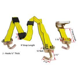 Mytee Products 4 Pack 2" x12' Car Hauler Straps for Trailer w/Ratchet, Swivel J Hook & Rubber Block - 10,000 lbs Breaking Strength Over The Wheel Tire Straps for UTV Hauler - Vehicle Car Tie Down Kit