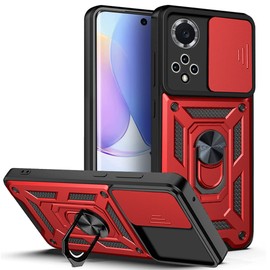 ESTH® Case for Honor 50 (nova 9) with Slide Camera Cover, Military Grade Shockproof Protective Cover with Rotatable Metal Ring Kickstand [Support Magnetic Car Mount], Red