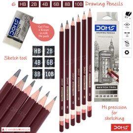 ZOFAX SKETCHING PENCILS, Grade HB 2B 4B 6B 8B 10B, Pack of 6, Professional Artist Drawing Pencils Eraser Set, Sketch Draw Tone Shade, Black Ball Pen