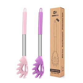 Pack of 2 Silicone Pasta Fork, Kitchen Heat Resistant Noodle Spoon Server, BPA Free Spaghetti Strainer, Best Cooking Tools (PINK-PURPLE)