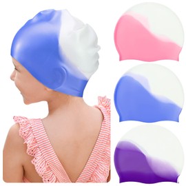 Zhanmai 3 Pieces Kids Swim Caps for Long Hair Silicone Swimming Cap for Girls Boys Kids Teens with Long Curly Hair Braids Dreadlocks Large Waterproof Swim Hat (Blue White, Purple White, Pink White)