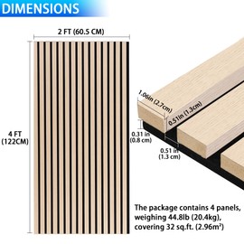 Taaizau 3D Slat Acoustic Wall Panels with Wood Finish Accent, 4 Pack Sound Absorbing Paneling for Studio, Office, Living Room, Bedroom Interior Decor (Natural Oak, 48''L x 24''W)