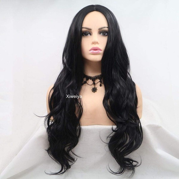 XIWEYA Long Natural Wave 1B Lace Wigs Black Women Machine Made Synthetic Hair Middle Parting Natural Hair Heat Resistant Cosplay Party 24" High Density