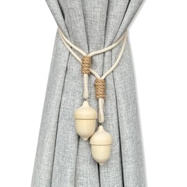 Curtain Holdbacks Boho Tiebacks for Drapes, Farmhouse Cotton Rope Adjustable Tie Backs with Rustic Cute Wood Acorn, Curtain Accessories Holders for Indoor Outdoor Use, Set of 4