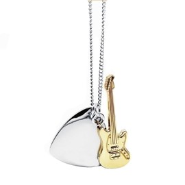 Stainless Steel Gold 18K Plated Pick and Guitar Pendant Necklace Men Women Punk Rock Necklace Music Lover Gift with 20 Inch Chain, Stainless Steel, No Gemstone
