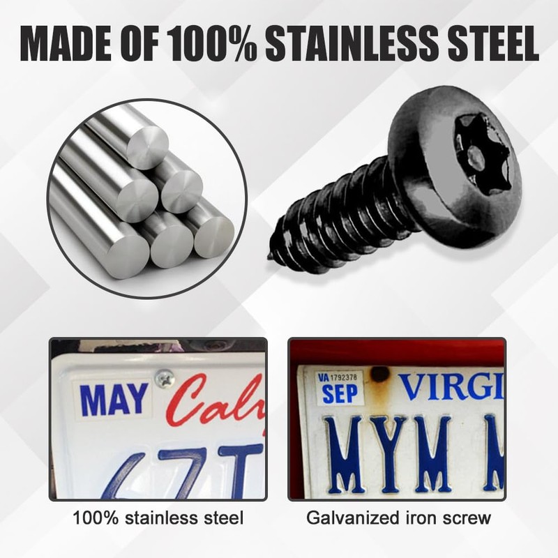 WINUERK 4Sets Black Anti Theft License Plate Screws Kits, Rustproof