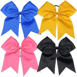 TUUXI 4pcs 8" Large Cheer Bows Elastic Hair Tie Bands Grosgrain Ribbon Ponytail Holder for Teen Girls Softball CheerleaderBlack Pink Blue Yellow