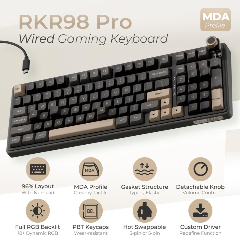 RK ROYAL KLUDGE R98 Pro Wired Mechanical Keyboard, 96% Creamy