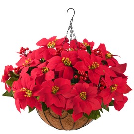 Poinsettia Artificial Fake Christmas Hanging Flowers Plants Basket for Outdoors Decoration Outside Red Faux Silk Poinsettia Berry UV Resistant Xmas Decoration for Porch Garden Yard Holiday New Year