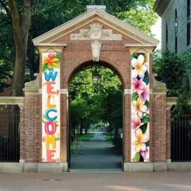 BlissYard 2pcs Welcome Summer Door Banner Porch Sign Hawaiian Decorations Hawaiian Banner Hibiscus Colorful Spring Summer Decor Wall Hanging Banners for Outdoor Home Tropical Party Decor Supplies