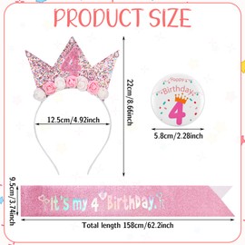 GSrenyu 4th Birthday Girl Headband Glitter Sash and Badge Set for Birthday Decorations Girls,Princess Crown Hats Girl Headband for Kids Princess Party Glitter Hair Band Decorations