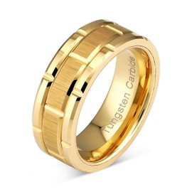 100S JEWELRY Tungsten Ring For Men Women Wedding Band Gold Brick Pattern Brushed Grooved Size 6-16 (tungsten, 16)