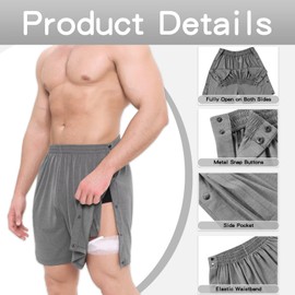 Landofgenie Mens Tear Away Shorts Post Surgery Recovery Pants Adaptive Clothing Both Sides Snap with Pockets for Leg Injures Gray XXL