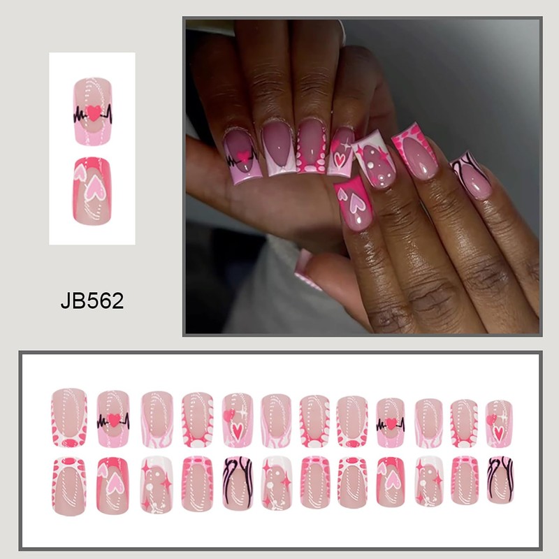 Valentine's Day Press on Nails Medium Square EKG Love Heart